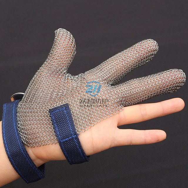  3101-Three Finger Stainless Steel Chainmail Glove Textile Strap For Cut Resistant 