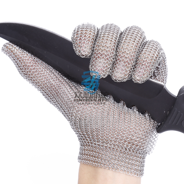 5201- Five Finger Ring Mesh Stainless Steel Glove with Metal hook Strap