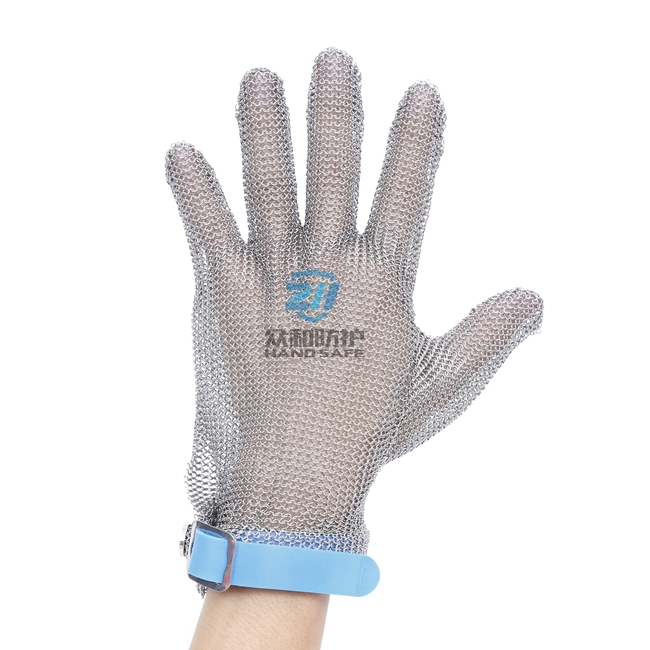 welded ring mesh stainless steel gloves with TPU strap 